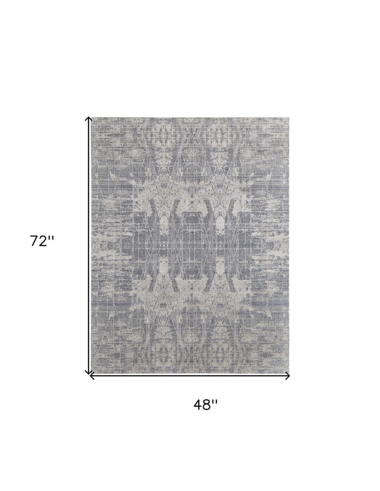 4' x 6' Casual Abstract Hand Woven Worn Faded Wool Blend Area Rug - Gray And Silver