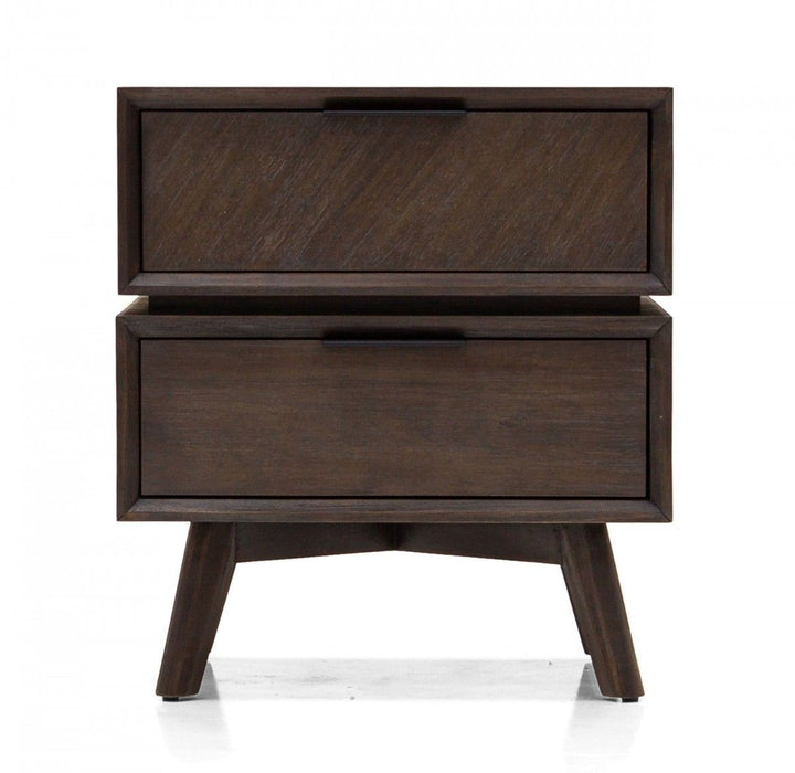 Mid Century Acacia Nightstand With Two Drawers And Black Metal Handles - Dark Brown
