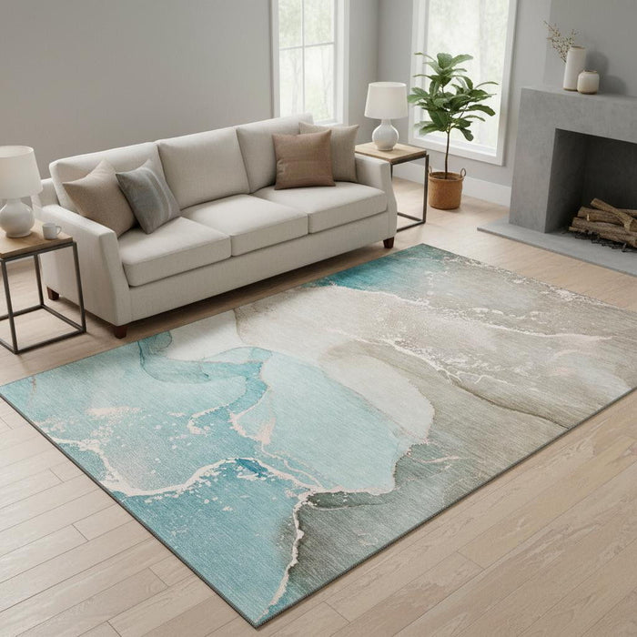 5' X 8' Abstract Washable Area Rug With UV Protection (647214) - Teal / Beige / Ivory