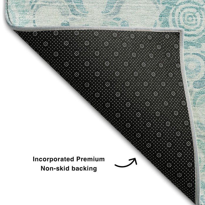 5' X 8' Medallion Washable Area Rug With UV Protection (667803) - Turquoise / Ivory