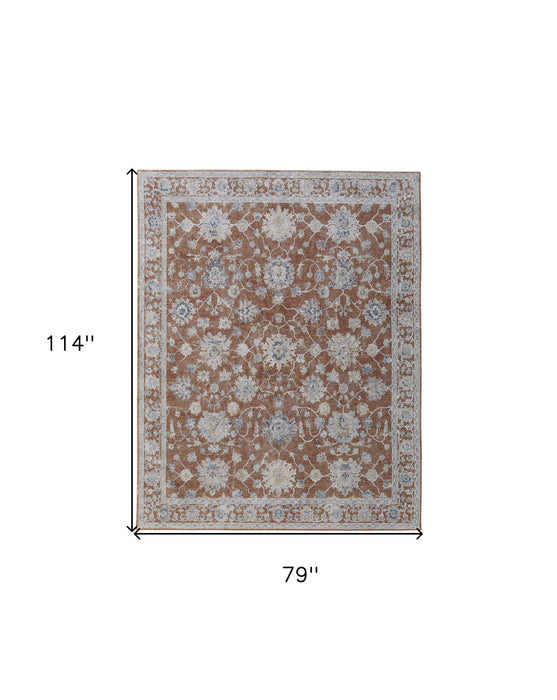 7' x 10' Floral Power Loom Worn Faded Area Rug With Fringe - Red Blue And Ivory