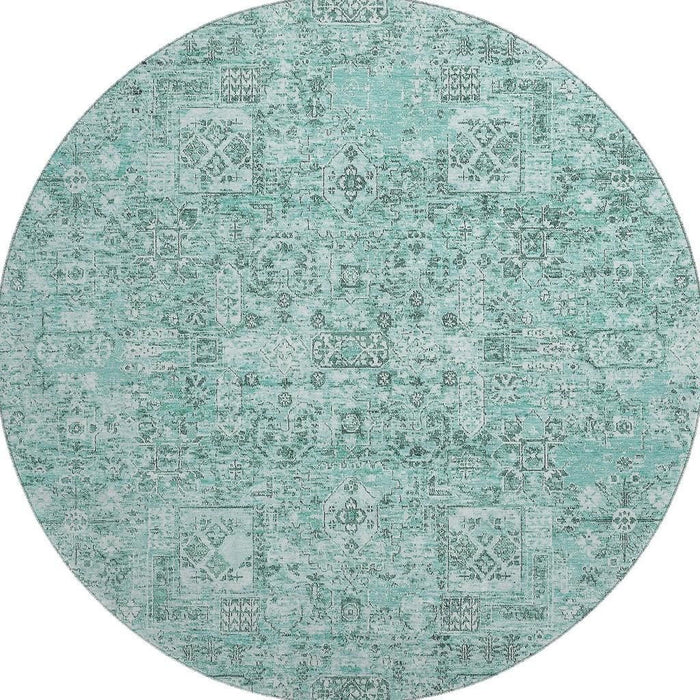 8' Floral Washable Round Rug With UV Protection (651217) - Teal / Ivory