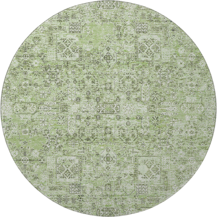 8' Floral Washable Round Rug With UV Protection (651175) - Green / Ivory