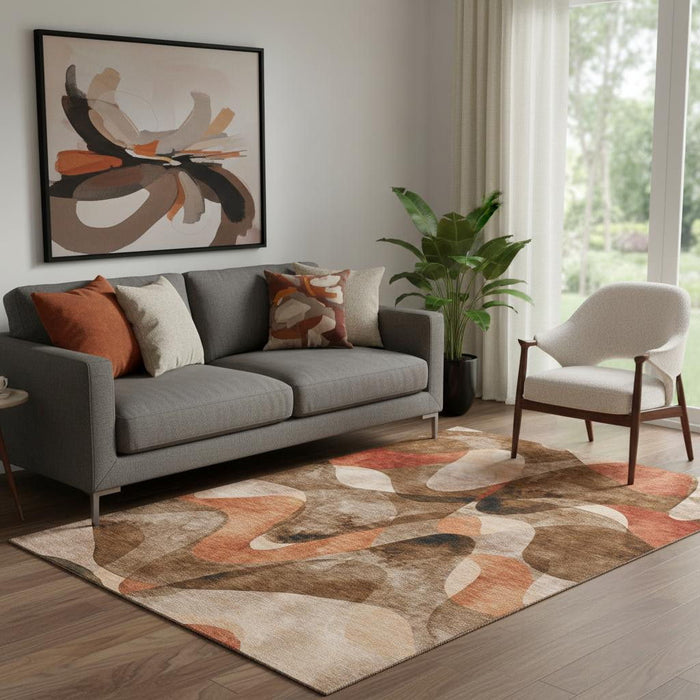 5' X 8' Abstract Washable Area Rug With UV Protection (648066) - Chocolate / Beige / Copper