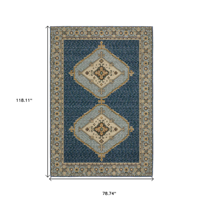 7' X 10' Medallion Area Rug - Blue And Gold