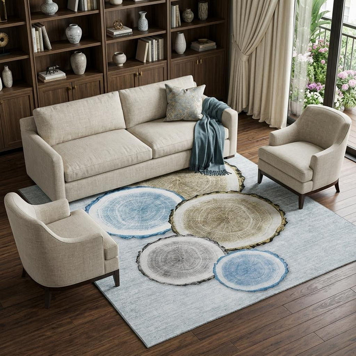 9' X 12' Faux Bois Washable Area Rug With UV Protection (649923) - Blue / Brown / Ivory