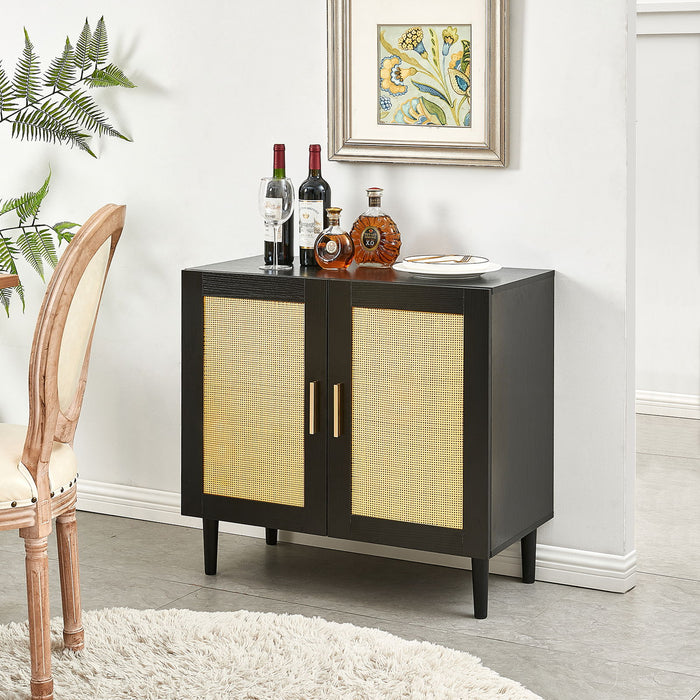 Giga black and beige accent cabinet with natural rattan door, adjustable shelves, modern side panel buffet for bedroom or living room.