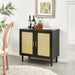 Giga black and beige accent cabinet with natural rattan door, adjustable shelves, modern side panel buffet for bedroom or living room.