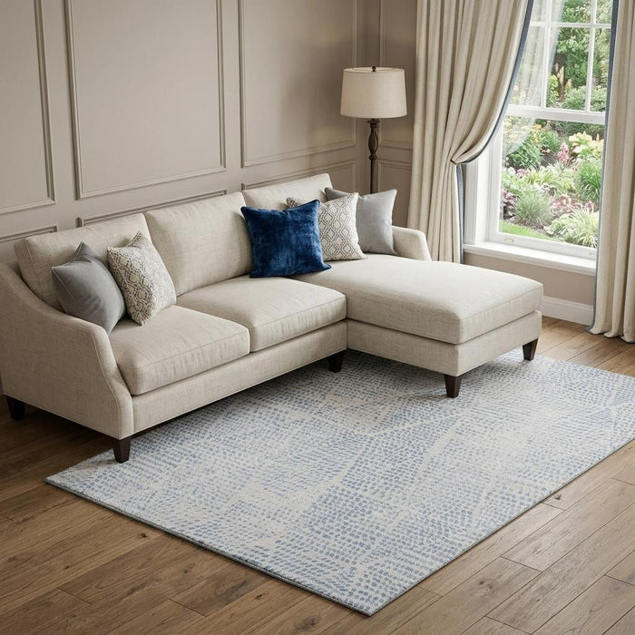 10' X 14' Diamond Washable Area Rug With UV Protection (650566) - Denim Blue / Ivory