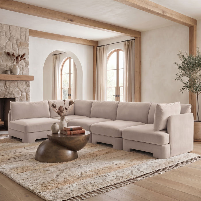 Velvet performance fabric beige L-shaped sectional sofa by Meridian Furniture with plush cushions and modern design.