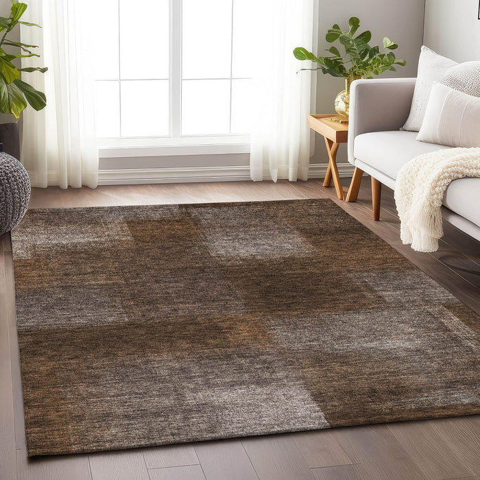 8' X 10' Abstract Washable Area Rug With UV Protection - Chocolate And Ivory