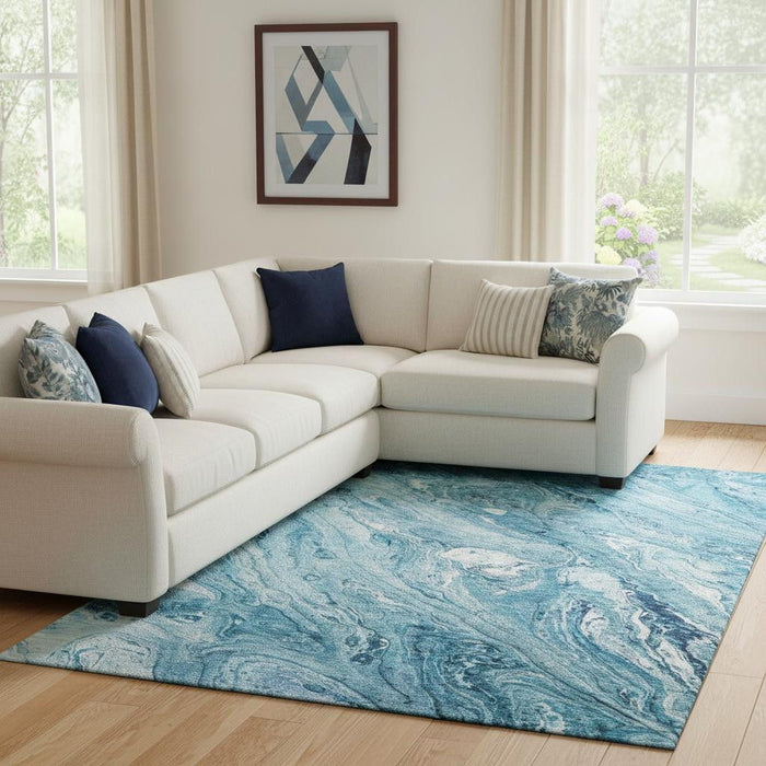 10' X 14' Abstract Washable Area Rug With UV Protection (653464) - Sky Blue / Ivory