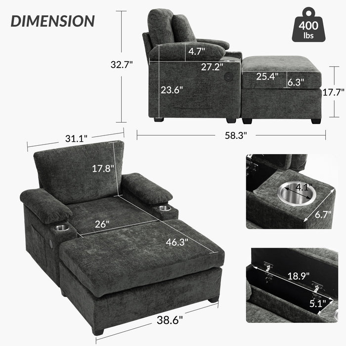 Giga modern oversized stationary chair with matching ottoman, built-in cupholders and USB charging ports for comfortable relaxation.