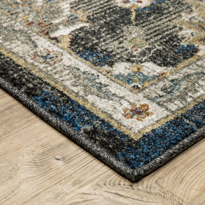 6' x 9' Oriental Power Loom Stain Resistant Area Rug - Charcoal Blue Gold Rust And Beige