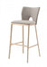 Set of two iron bar height chairs by HomeRoots with gray seats and antiqued brass frames, perfect for modern kitchen or bar area.