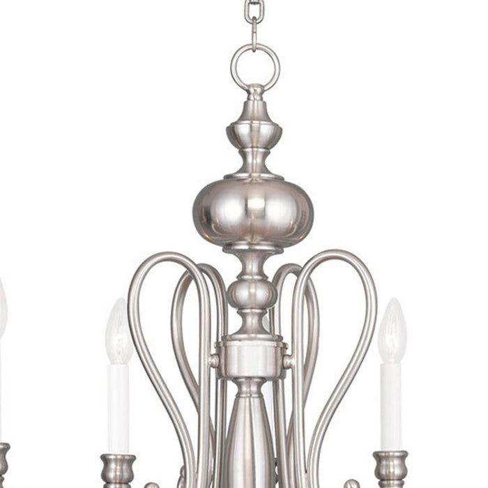 HomeRoots 22-inch five-light metal chandelier with shades in nickel and pearl silver finish, featuring a dimmable design.