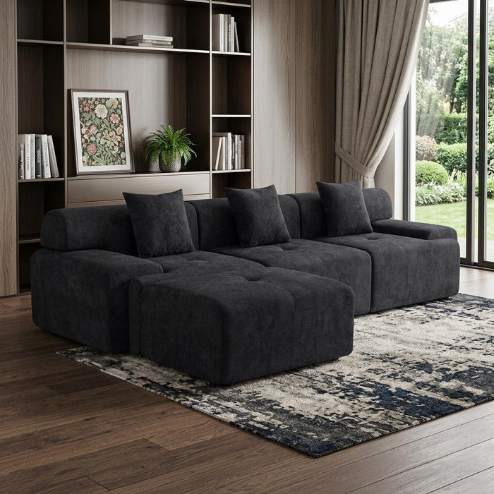 Chenille Modular Sofa Chaise With Ottoman Toss Pillows (725196) - Black