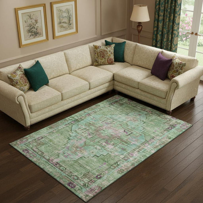 10' X 14' Oriental Washable Area Rug With UV Protection (699418) - Artichoke Green / Lavender / Teal
