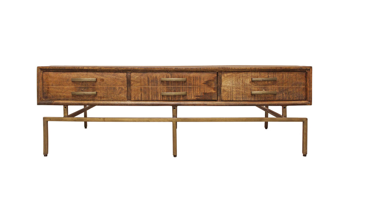 Solid Wood Rectangular Distressed Storage Coffee Table - Brass And Brown