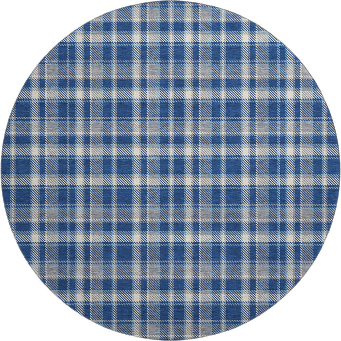 8' Plaid Washable Round Rug With UV Protection (649447) - Navy Blue / Ivory