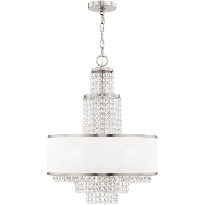 HomeRoots five-light metal chandelier with shades, featuring a nickel finish, clear and off-white shades, and dimmable lighting.