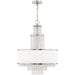 HomeRoots five-light metal chandelier with shades, featuring a nickel finish, clear and off-white shades, and dimmable lighting.