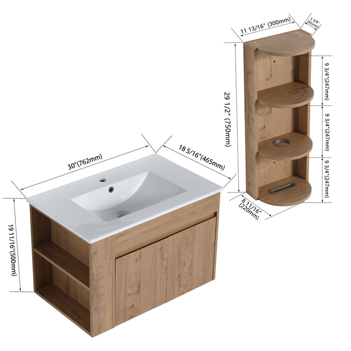 Modern Giga wall-mounted bathroom vanity with sink, storage rack, soft-close doors, plywood construction, in imitative oak finish.