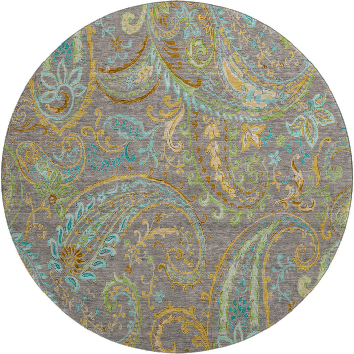 8' Paisley Washable Round Rug With UV Protection (648001) - Taupe / Green / Blue