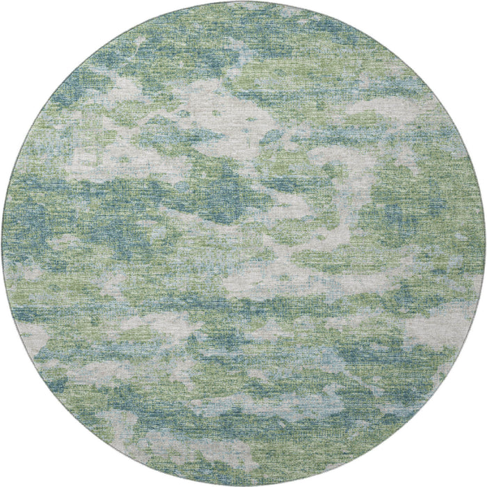 8' Abstract Washable Round Rug Polyester With UV Protection - Green / Ivory