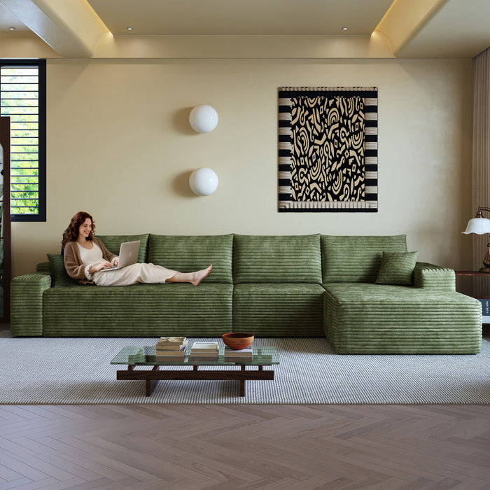 135" Corduroy Modular Compression Foam Sofa With Toss Pillows - Green
