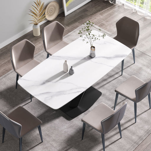 Modern Giga 70.87-inch white artificial stone dining table with curved black metal legs, seats 6-8 people, stylish and contemporary.