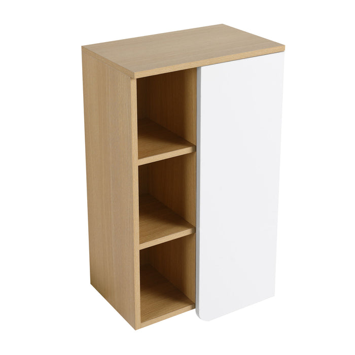 Giga wall-mounted bathroom linen cabinet with single door and three open shelves in black, light oak, or white finish