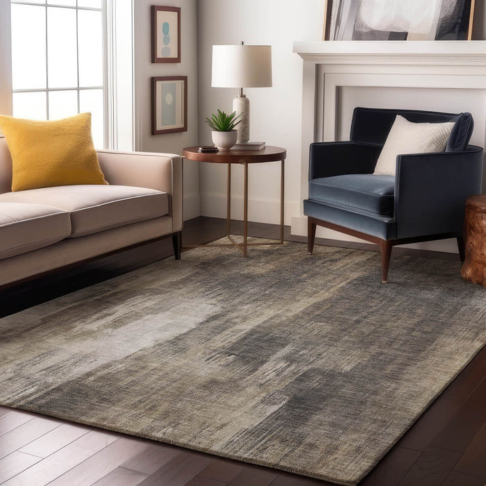10' X 14' Abstract Washable Area Rug Polyester With UV Protection - Taupe / Ivory