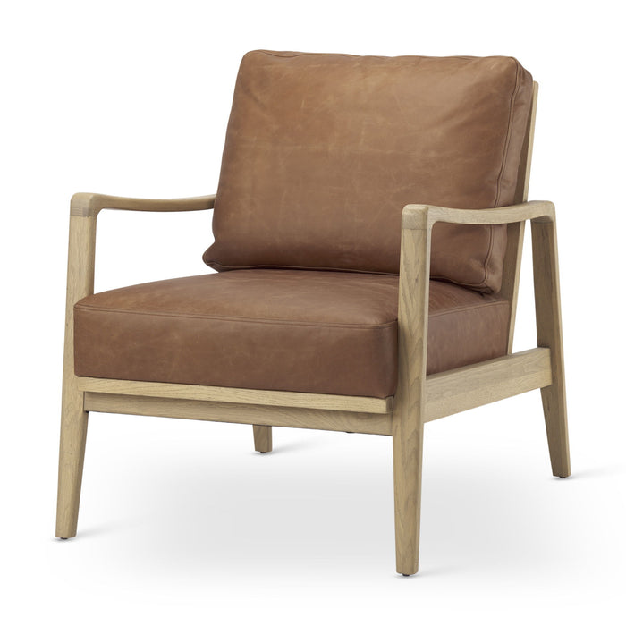Genuine Leather And Solid Wood Arm Chair - Brown