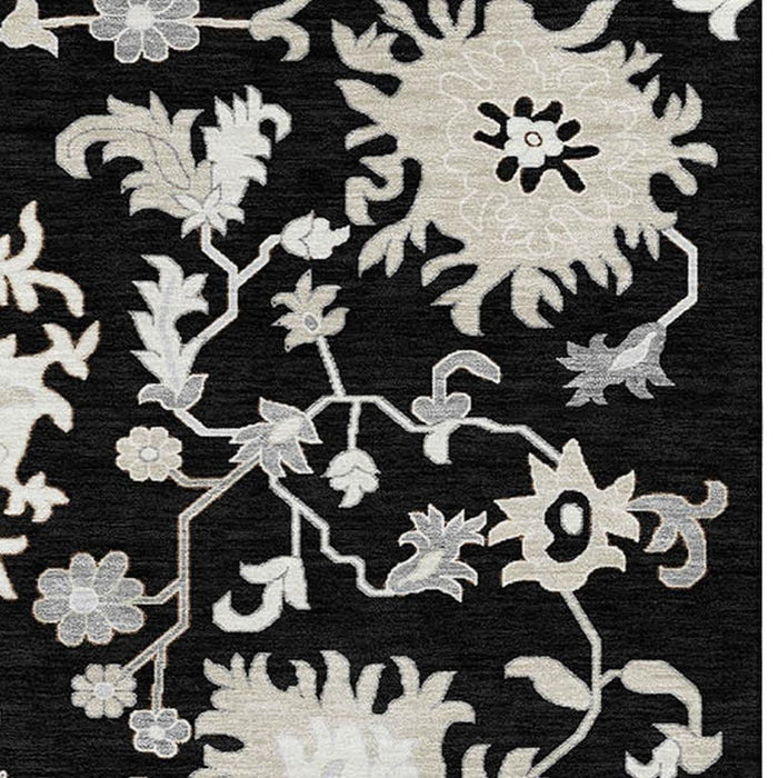 10' X 14' Floral Washable Area Rug With UV Protection (705905) - Black / Ivory