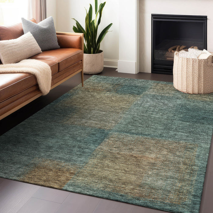 10' X 14' Abstract Washable Area Rug With UV Protection - Teal And Brown