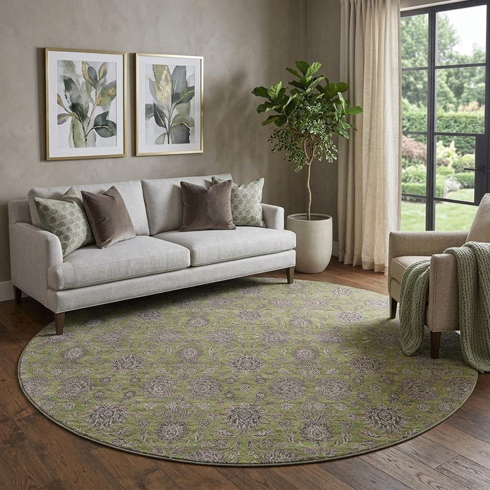 8' Floral Washable Round Rug With UV Protection (656846) - Olive Green / Beige