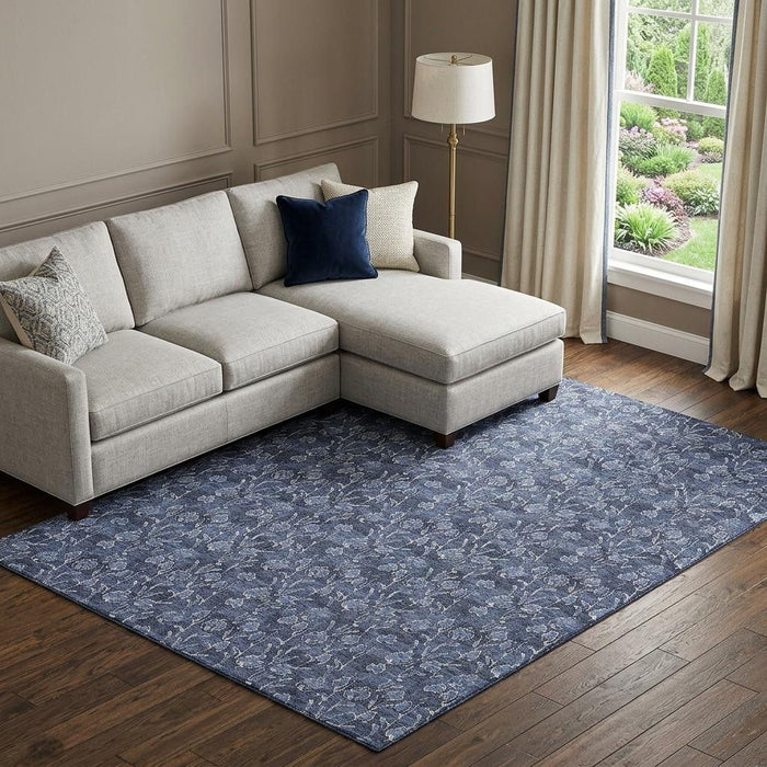 8' X 10' Floral Washable Area Rug With UV Protection (656452) - Navy Blue / Ivory