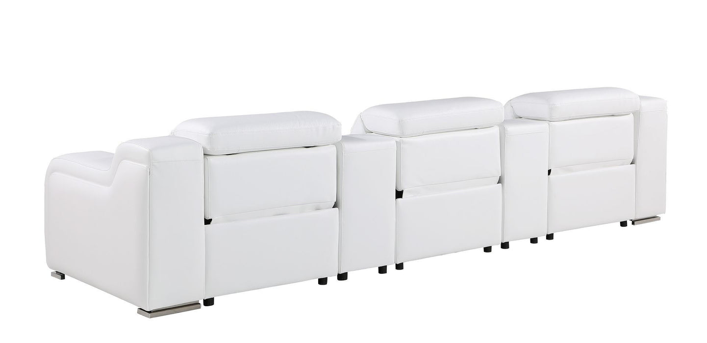 129" Reclining USB Reclining Sofa With Silver Legs - White