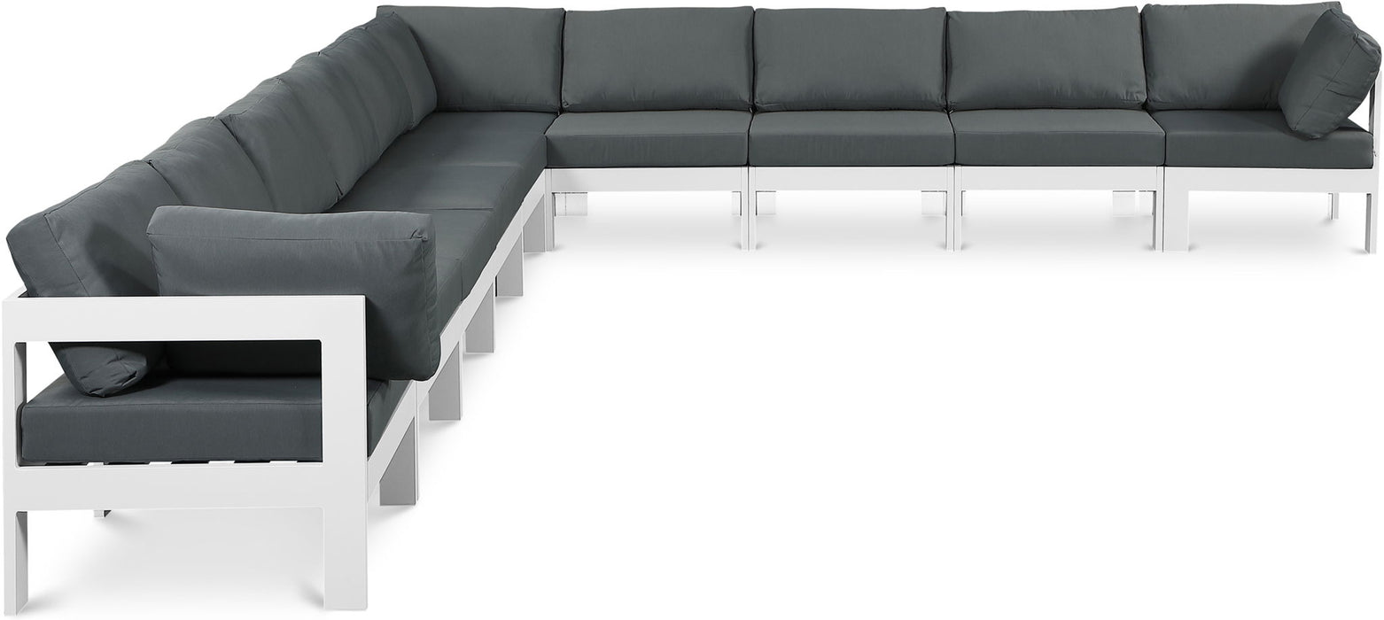 Meridian Furniture Nizuc outdoor patio 10-piece modular sectional with white frame, stationary outdoor seating for patio or garden.