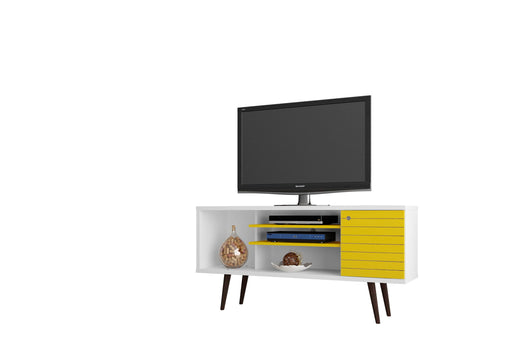 Manhattan Comfort Liberty 53-inch TV stand with sleek white frame and modern design, ideal for living room entertainment setup.