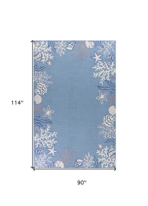 8' x 10' Hand Hooked Bordered Coral Reef Indoor Area Rug - Sea Blue