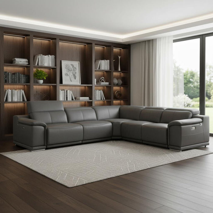 Italian Leather Power Reclining U Shaped Five Piece Corner Sectional With Console - Gray