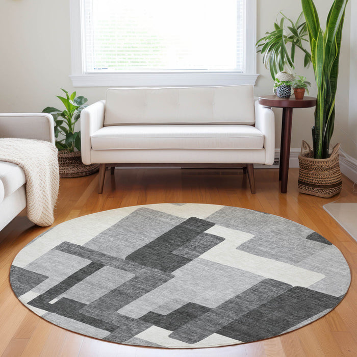 8' Abstract Geometric Washable Round Rug With UV Protection - Gray