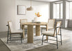Giga Bowen 5-piece dining room set with round oak-finish table and cream upholstered chairs, includes 4 chairs around the table
