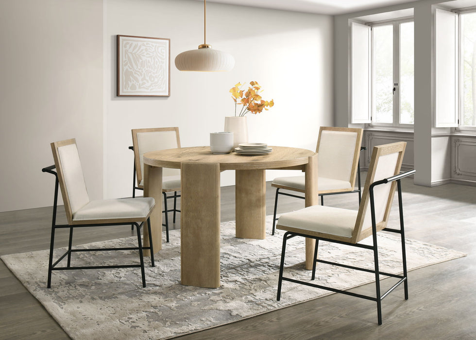 Giga Bowen 5-piece dining room set with round oak-finish table and cream upholstered chairs, includes 4 chairs around the table