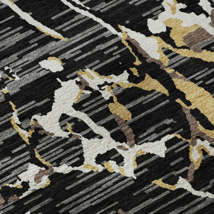10' X 14' Striped Washable Area Rug With UV Protection (682031) - Black / Ivory / Gold