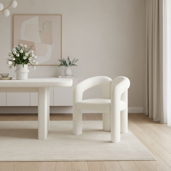 Boucle Partially Open Back Dining Arm Chair - White