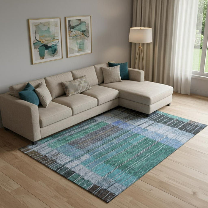 10' X 14' Striped Washable Area Rug With UV Protection (709528) - Teal / Ivory / Brown