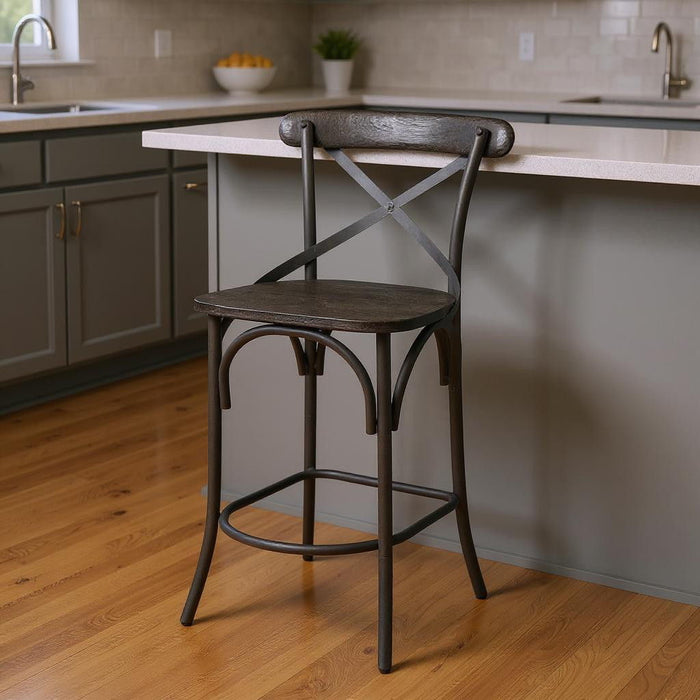 26" Cottage Solid Wood And Iron Counter Height Bar Chair - Black